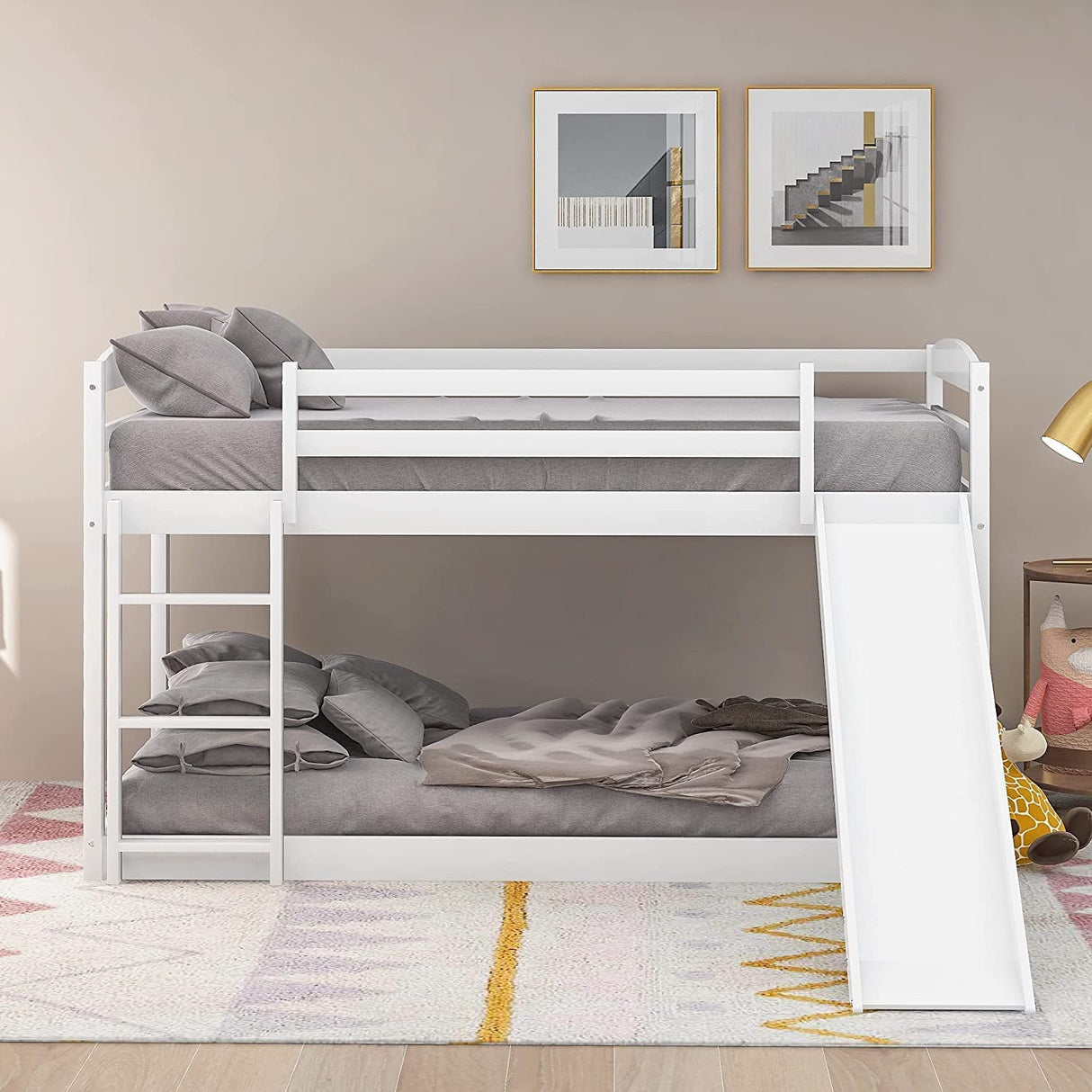 Twin Over Twin Low Bunk Bed with Slide & Ladder for Kids Bedroom,Sturdy Wood Floor Bunkbed w/Safety Guardrails