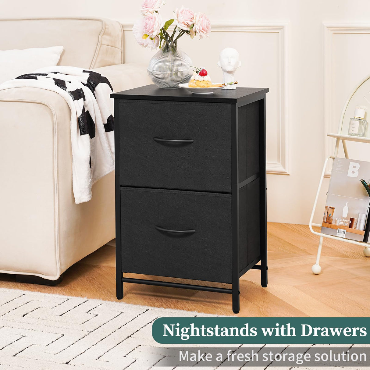 Fabric Nightstand Set of 2 - Small Wood Bedside Tables with Storage Drawers