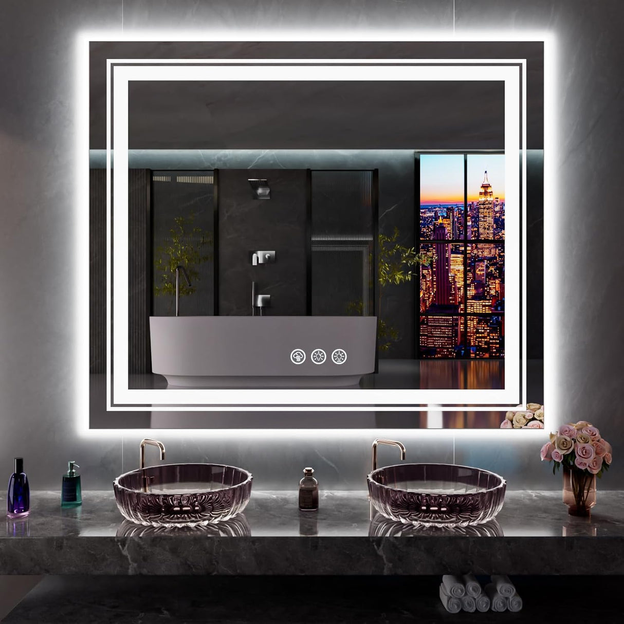 LED Mirror for Bathroom, 48"X40" with 8 RGB Backlit +3 Front Lit, Anti-Fog, Lighted