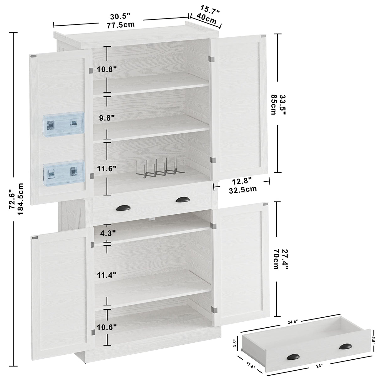 Kitchen Pantry Storage Cabinet 72" Height, with Barn Doors, Drawer