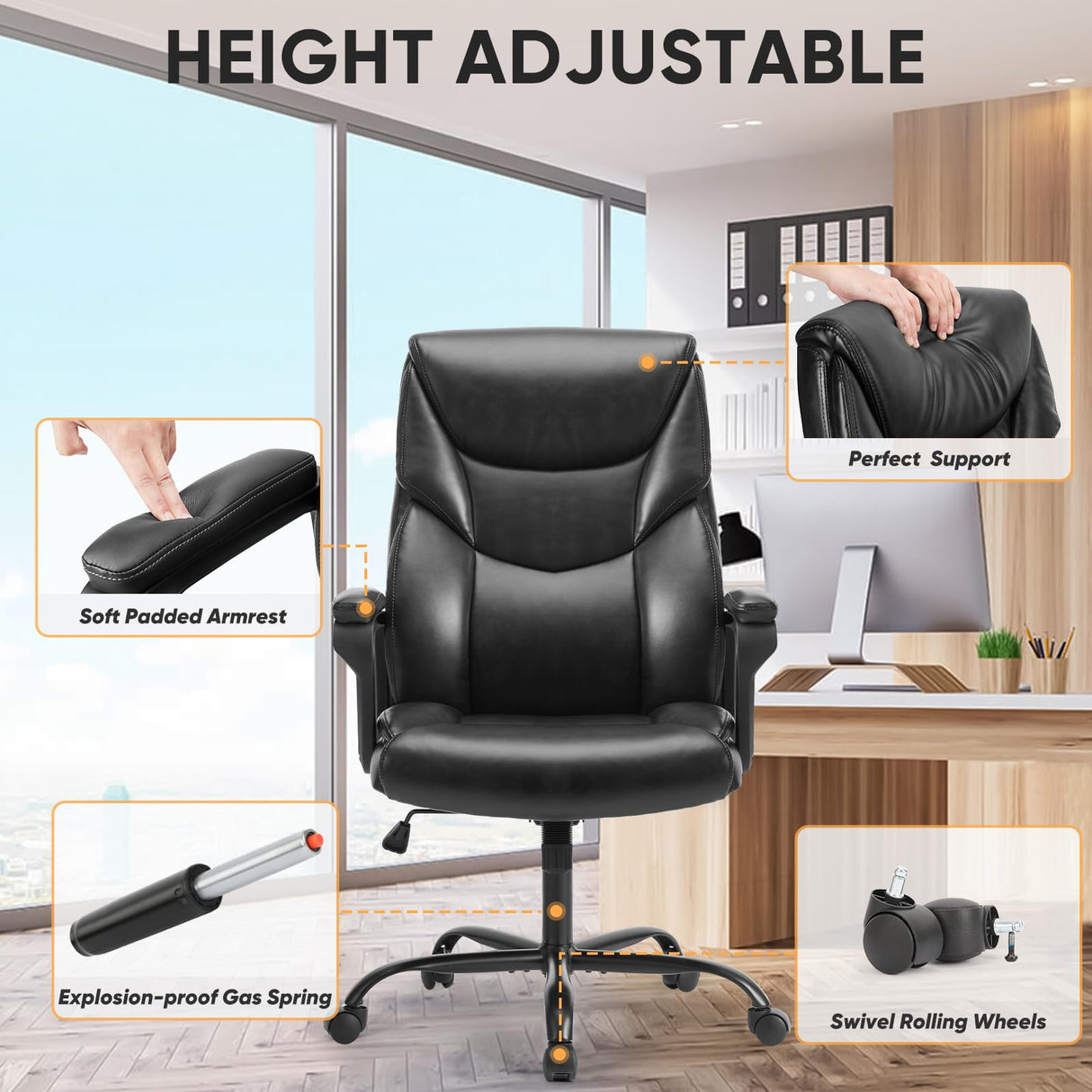 Big and Tall Office High Back Ergonomic Executive Desk Extra Wide Seat, PU Leather