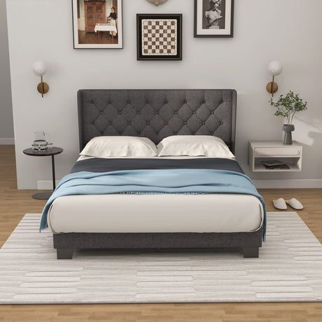 Full Bed Frame with Button Tufted Headboard, Modern Fabric Upholstered Platform Bed