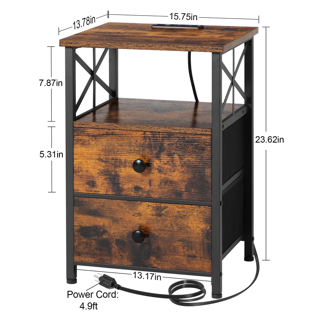 AMHANCIBLE Night Stand Set 2, Nightstand with Charging Station, End Tables Living Room with USB Ports and Outlets, Bedside Tables with Fabric Drawers for Bedroom, Rustic Brown HET05XBR