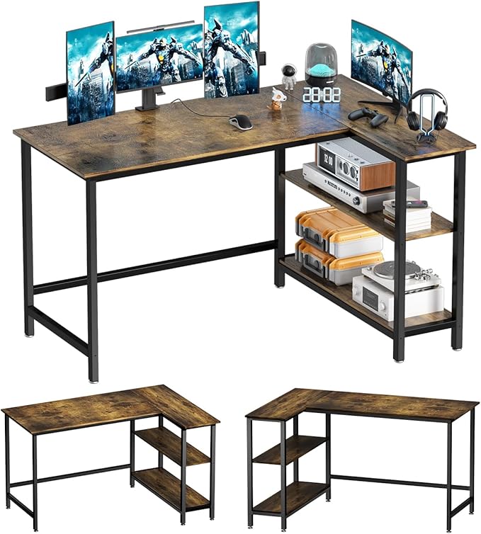 L Shaped Computer Desk - Home Office Desk with Shelf, Gaming Desk Corner Table for Work, Writing and Study, Space-Saving, Black