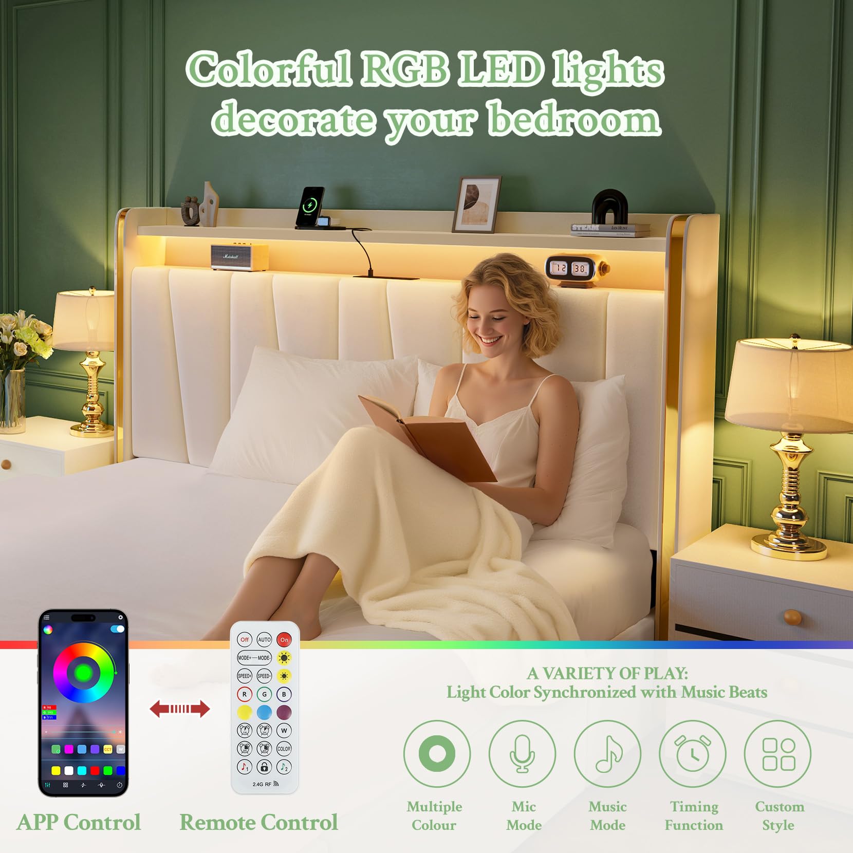 Queen Platform Bed Frame with Storage Drawers & LED Headboard