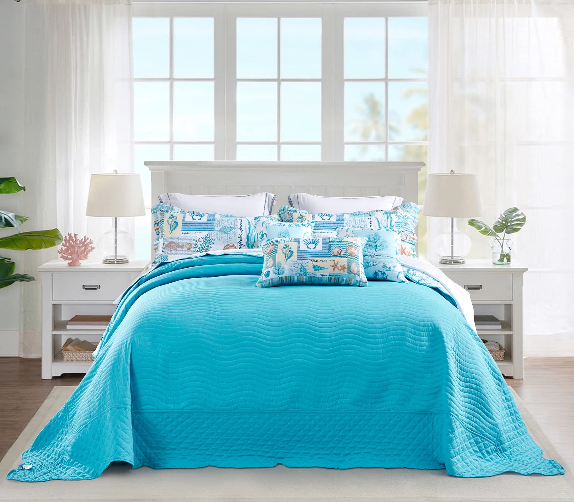 Coastal Oversized King Bedspread 128x120 Extra Wide, Lightweight Beach Bedding
