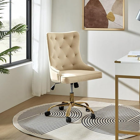 Velvet Armless Office Chair with Gold Base & Nailhead Trim, Modern Tufted Upholstered Desk Chair Swivel Adjustable, Cute Wingback Computer Task Vanity