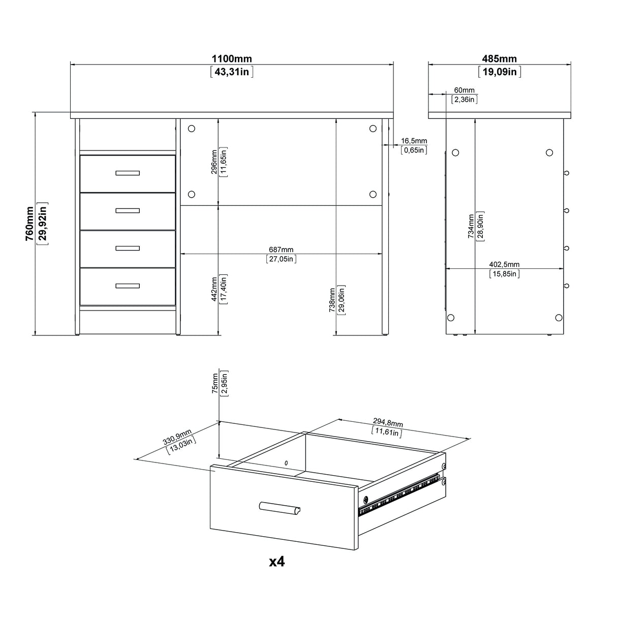 Desk with 4 Drawers, Black Woodgrain