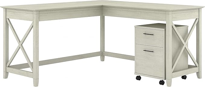 Key West 60W L Shaped Desk with 2 Drawer Mobile File Cabinet in Pure