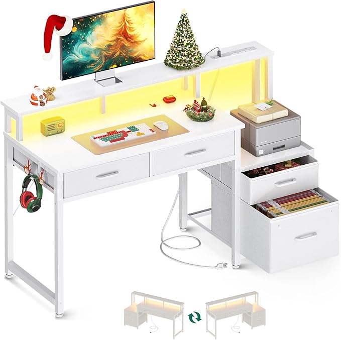 48-Inch Computer Desk with Fabric File Cabinet and Fabric Drawers, Reversible Office Desk