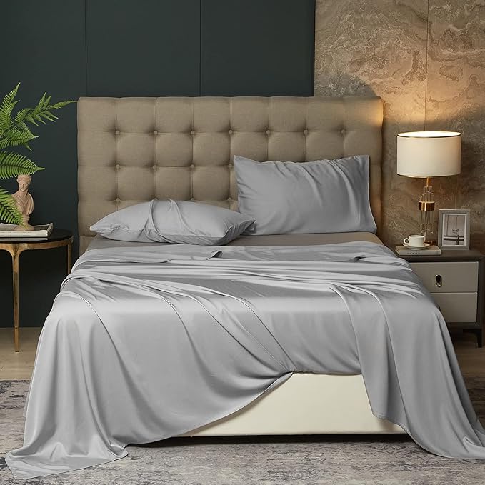 Grey Sheets Queen- Rayon Derived from Bamboo, Silk Soft Breathable No Sweat Cooling Sheets for Hot Sleepers,