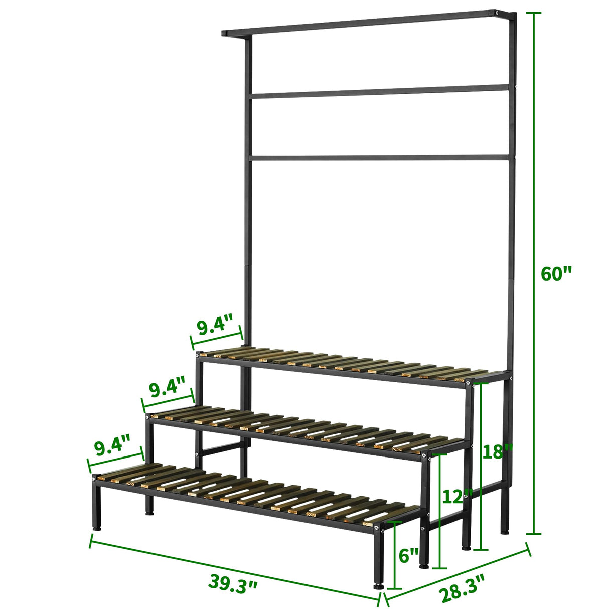 Large Plant Shelf Indoor Outdoor, 3 Tier Heavy Duty Hanging Plant Stand with Bar 39"L x 60" Tall, Metal & Wood Flower Ladder Rack, Plant Display Cabinet Shelves Clearance for Garden Patio Greenhouse