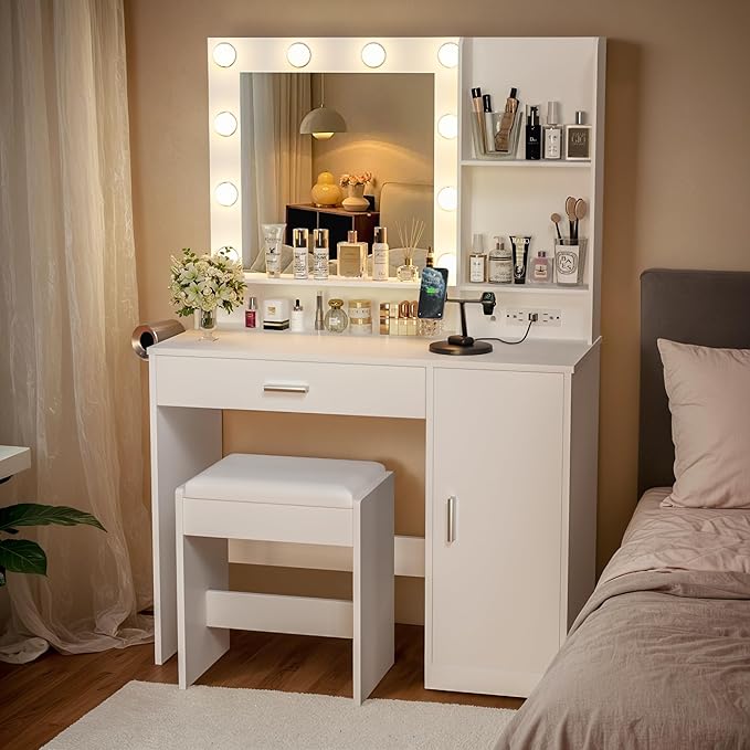 Desk with LED Lighted Mirror, Makeup Table with Hairdryer Holder and Power Outlet,