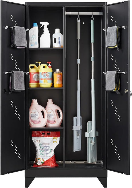 Metal Storage Cabinet with Lock, 71" Garage Storage Cabinet with Hanging Rod & S-Hooks