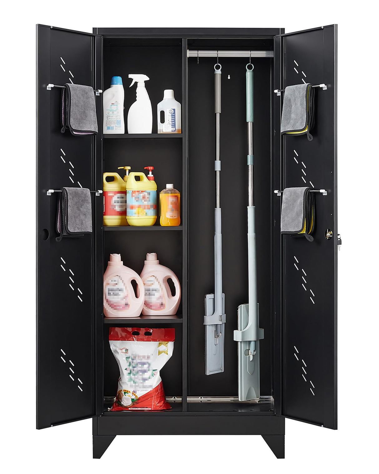 Metal Storage Cabinet with Lock, 71" Garage Storage Cabinet with Hanging Rod & S-Hooks