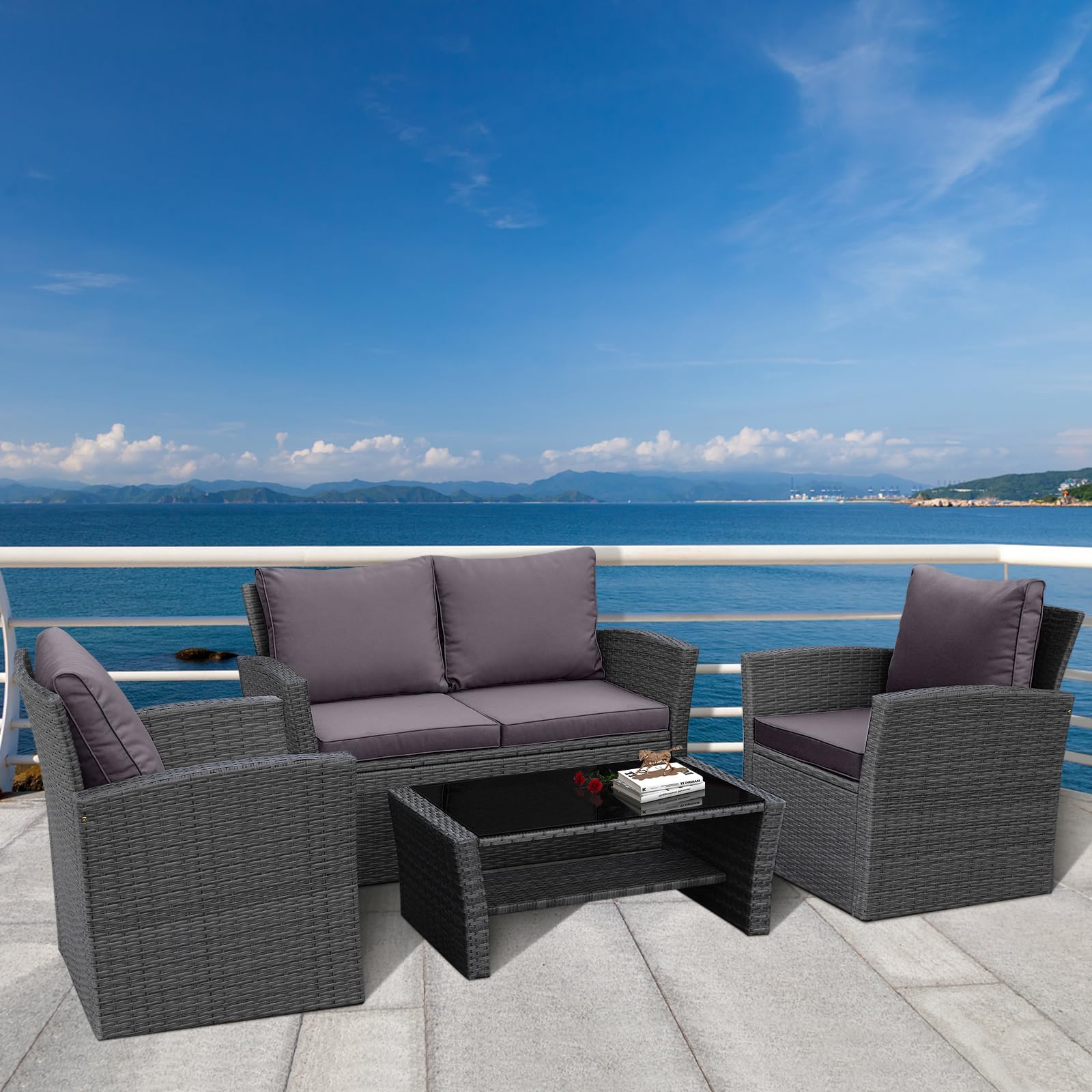 4 PCS Wicker Patio Furniture Set with Soft Cushions & Tempered Glass Table