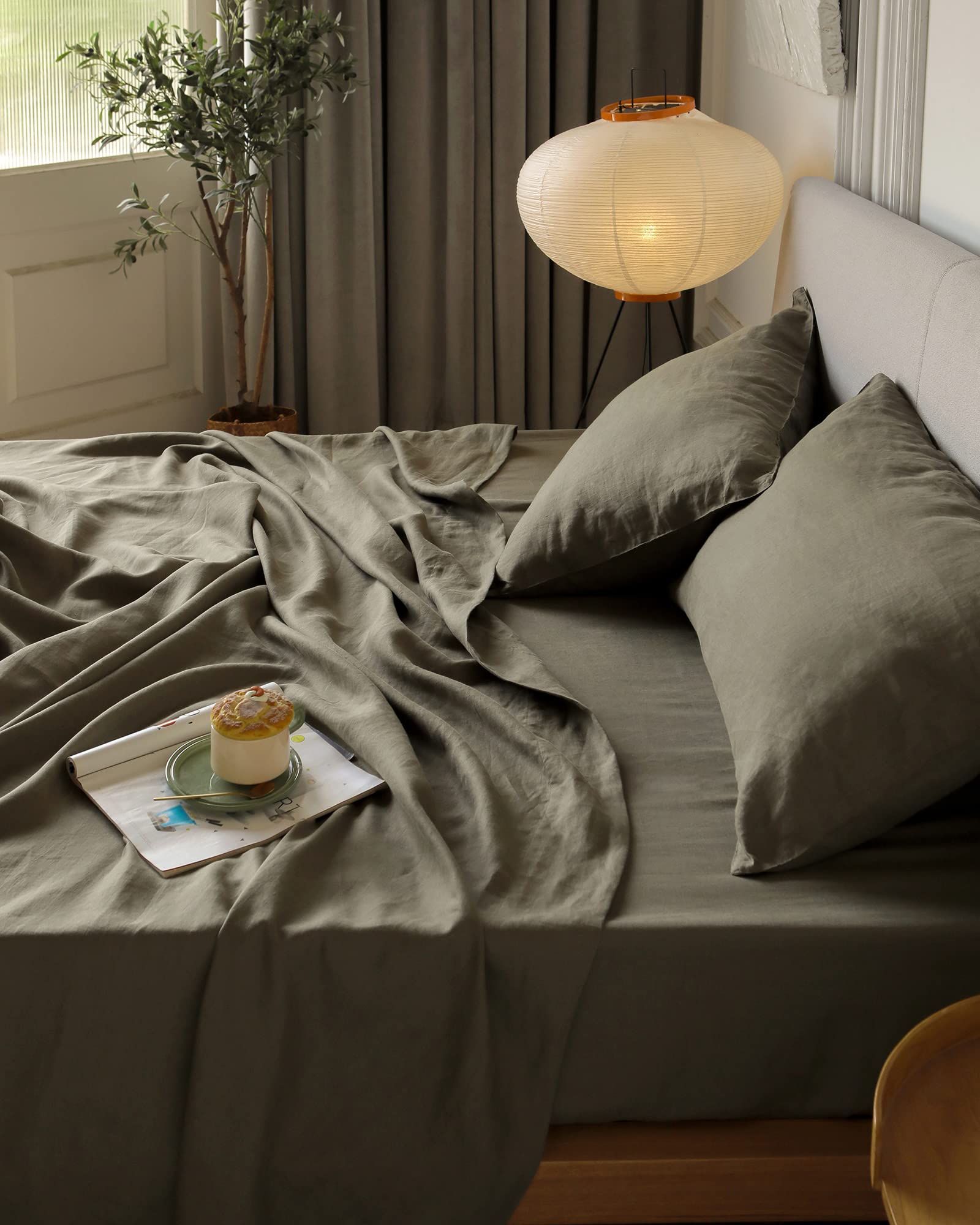 Olive Green Linen Sheets King Size Set, 100% Washed French Flax Organic Linen Sheets,