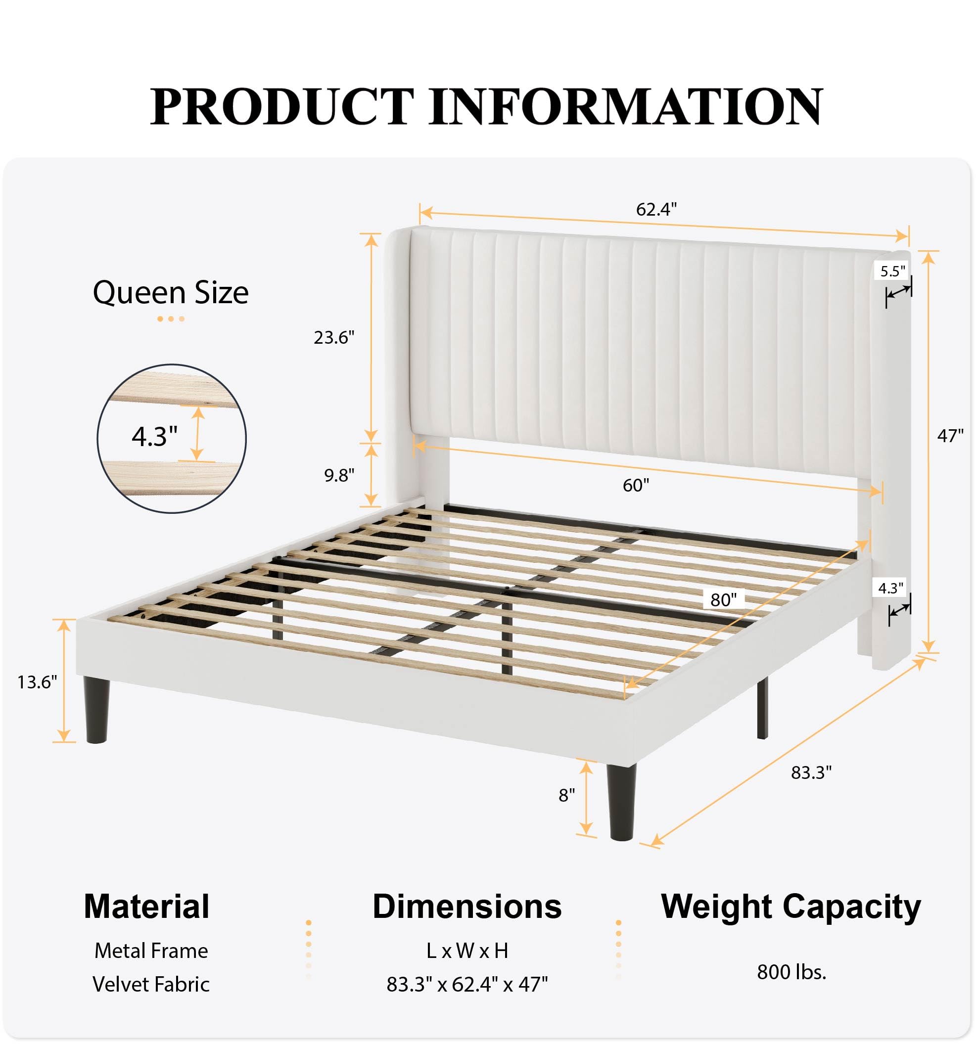 Queen Size Velvet Bed Frame with Vertical Channel Tufted Wingback Headboard,