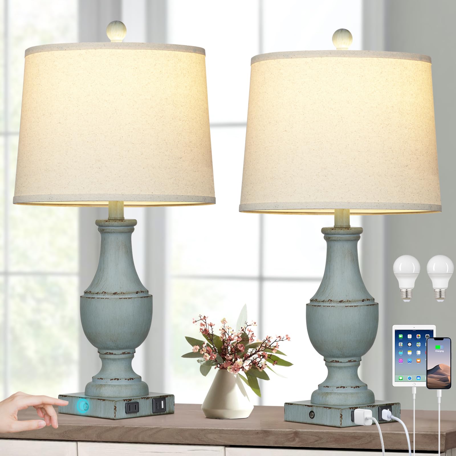 Farmhouse Table Lamps Set of 2, Rustic Touch Control Bedside Lamps