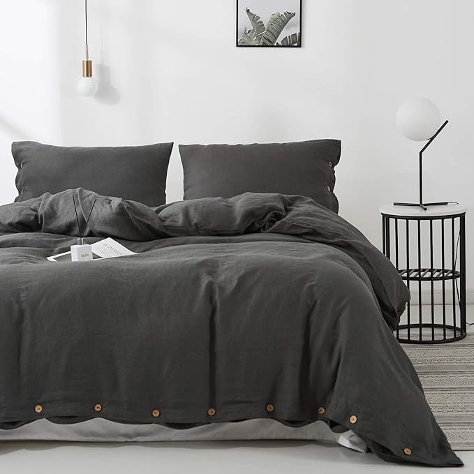 100% Linen Duvet Cover Set 2pcs with Coconut Button Closure Natural French Washed
