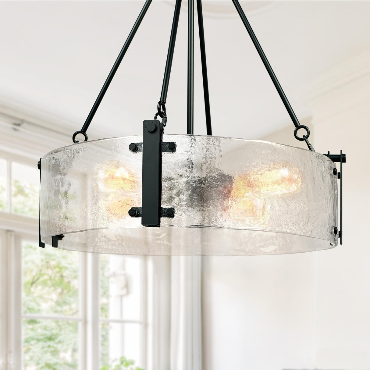 Glass Drum Chandelier for Dining Room, 21" Black Modern Textured Glass Chandeliers Over Table, Round Crystal Hanging Light Fixture for Living Room, Bathroom,Foyer, Kitchen Island, Bedroom