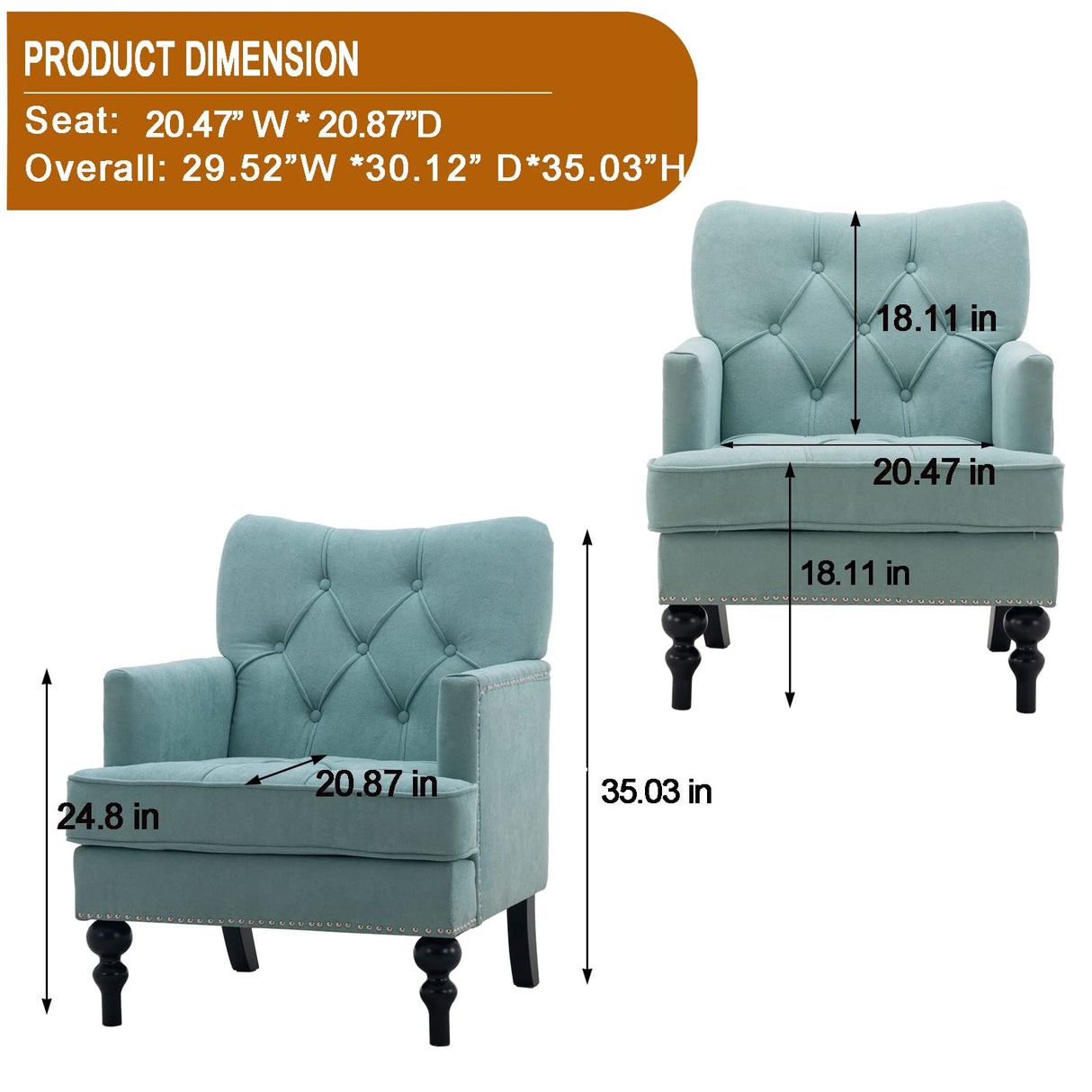 Artechworks Tufted Club Chair Fabric Modern Accent Single Sofa with Studded Nailhead Wooden Legs Armchair Comfy Upholstered for Club Living Room Bedroom Office Reading Room Blue and Green, Teal Green