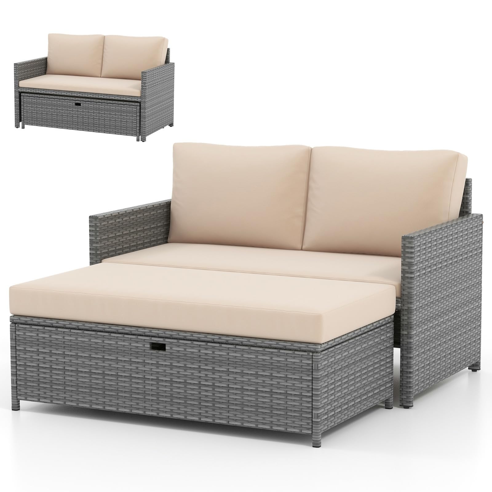 2-Piece Outdoor Daybed - PE Rattan Sunbed with 31 Gallon Storage Ottoman