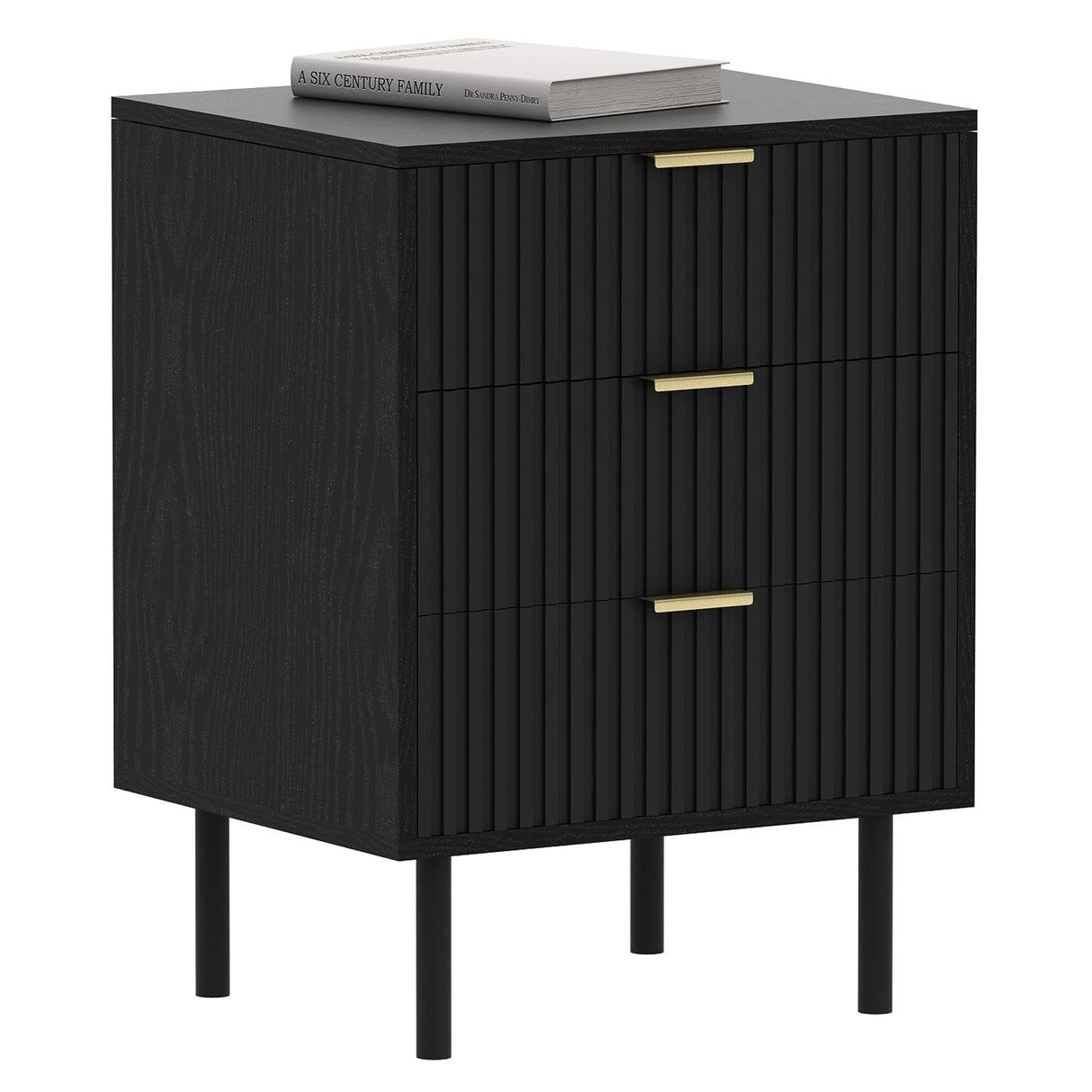 Fluted Black Nightstand 3 Drawers, 19" Small Bedroom 26" Tall Bedside Night Stand, Mid