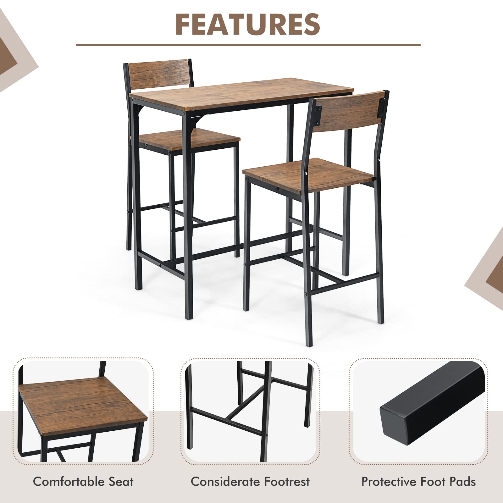 3 Piece Pub Table Set, Bar Table and Chairs Set of 2