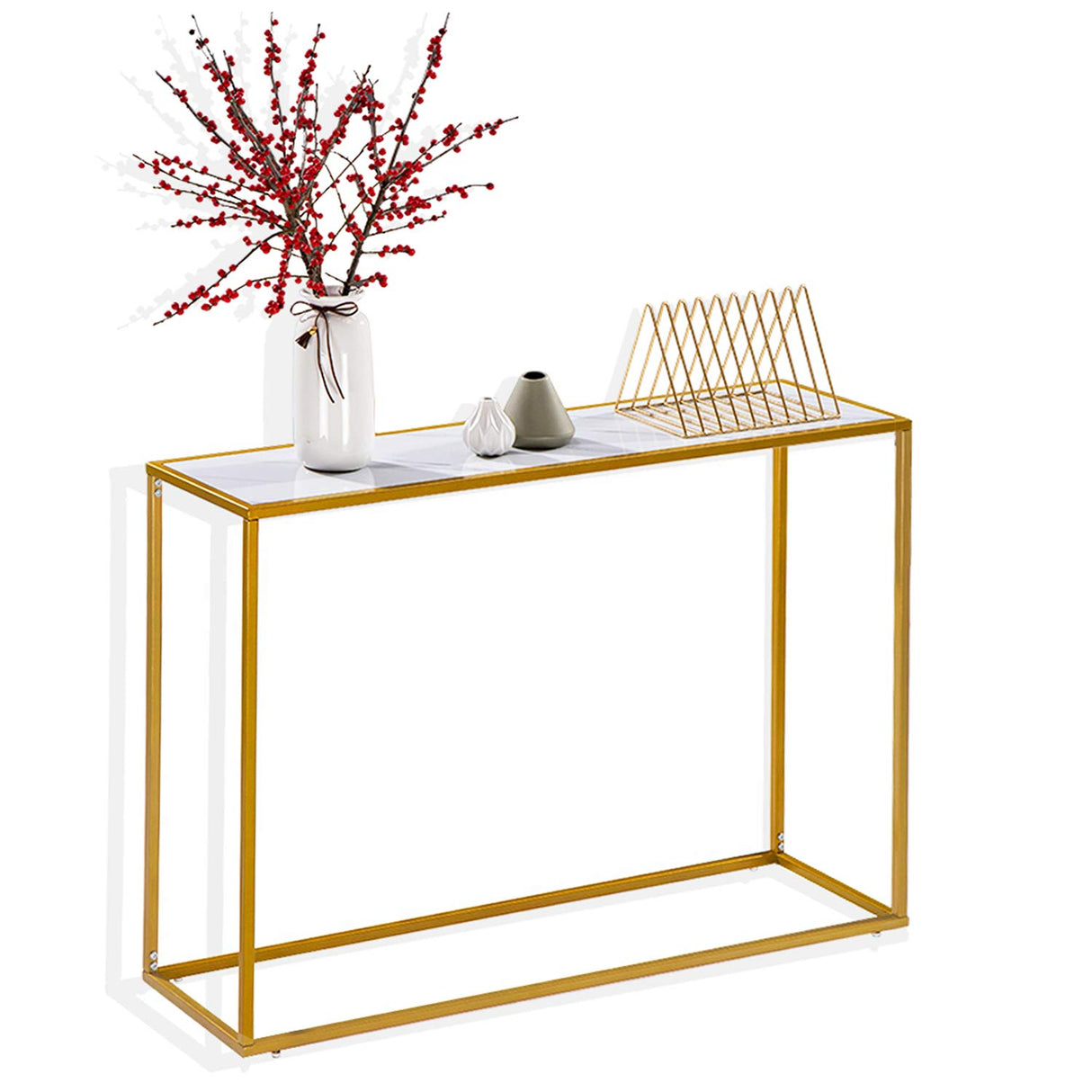 Gold Console Table,Narrow Entryway Table with Marble Top and Accent Metal Frame,