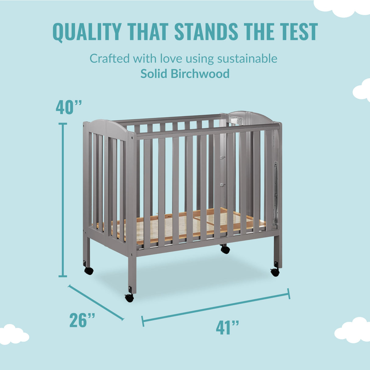 3 in 1 Portable Folding Stationary Side Crib in Steel Grey, Greenguard Gold Certified,