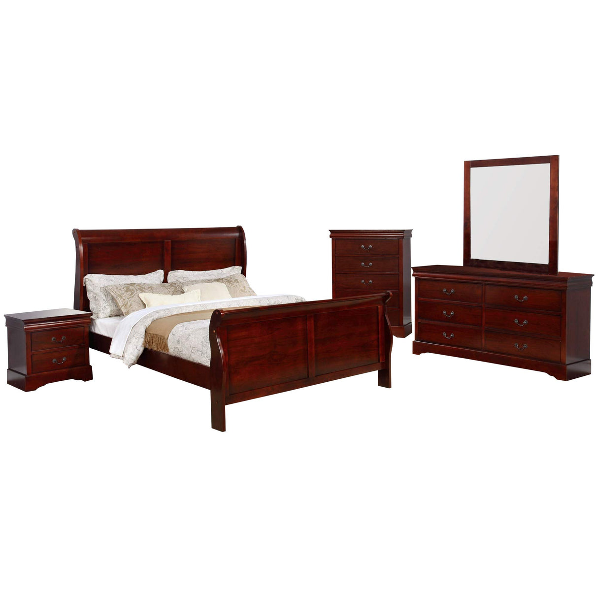 Benjara Queen Size Sleigh Wooden 5 Piece Bedroom Set, Brown