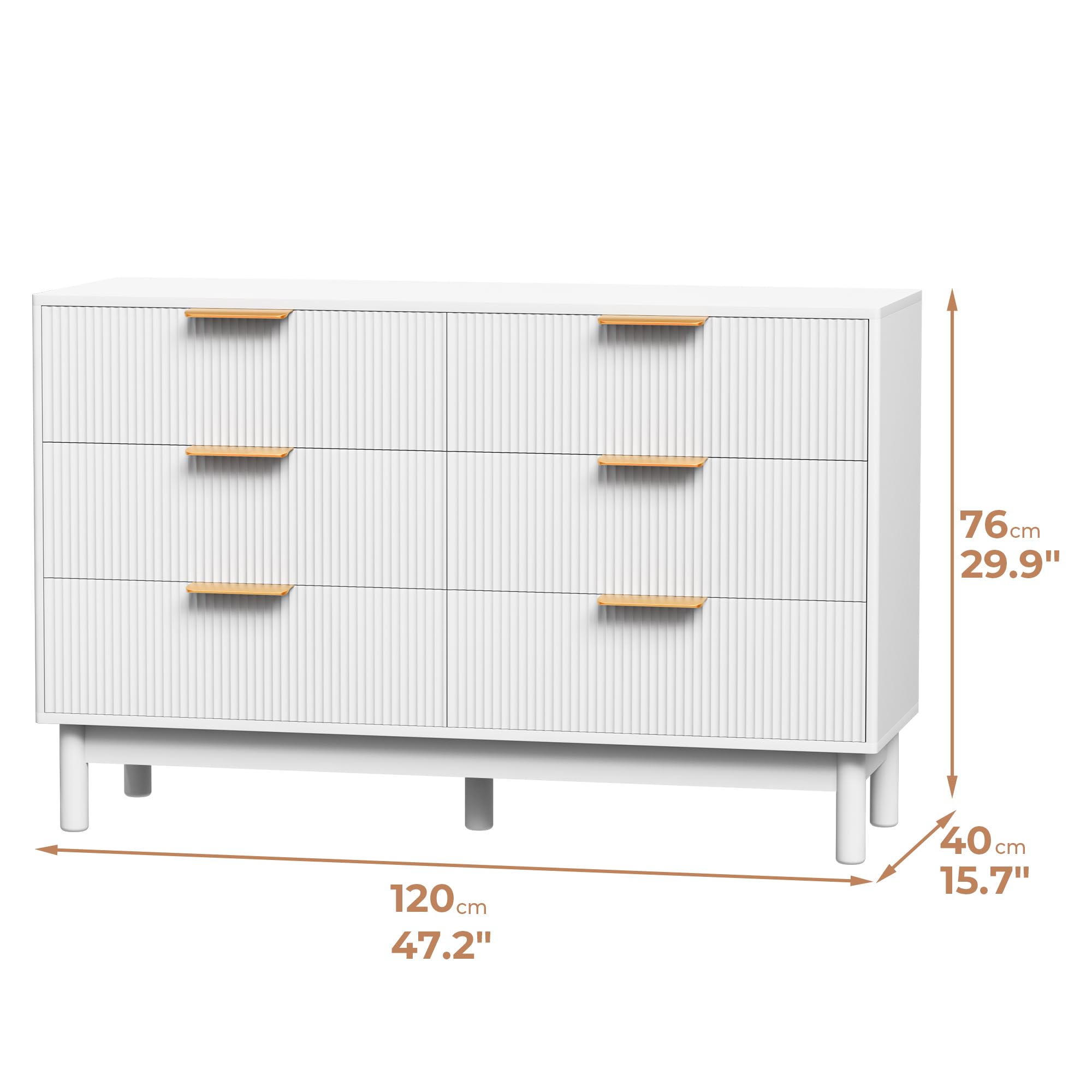 6 Drawer Dresser White Gold for Bedroom, White Wood Modern Double Dresser