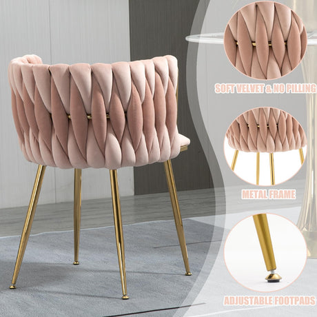 ivoros Modern Velvet Dining Chairs Set of 4, Woven Dining Room Chairs with Gold Metal Legs, Upholstered Accent Chairs Dining Chair for Living Room, Bedroom, Kitchen, Vanity (Pink, Set of 4)