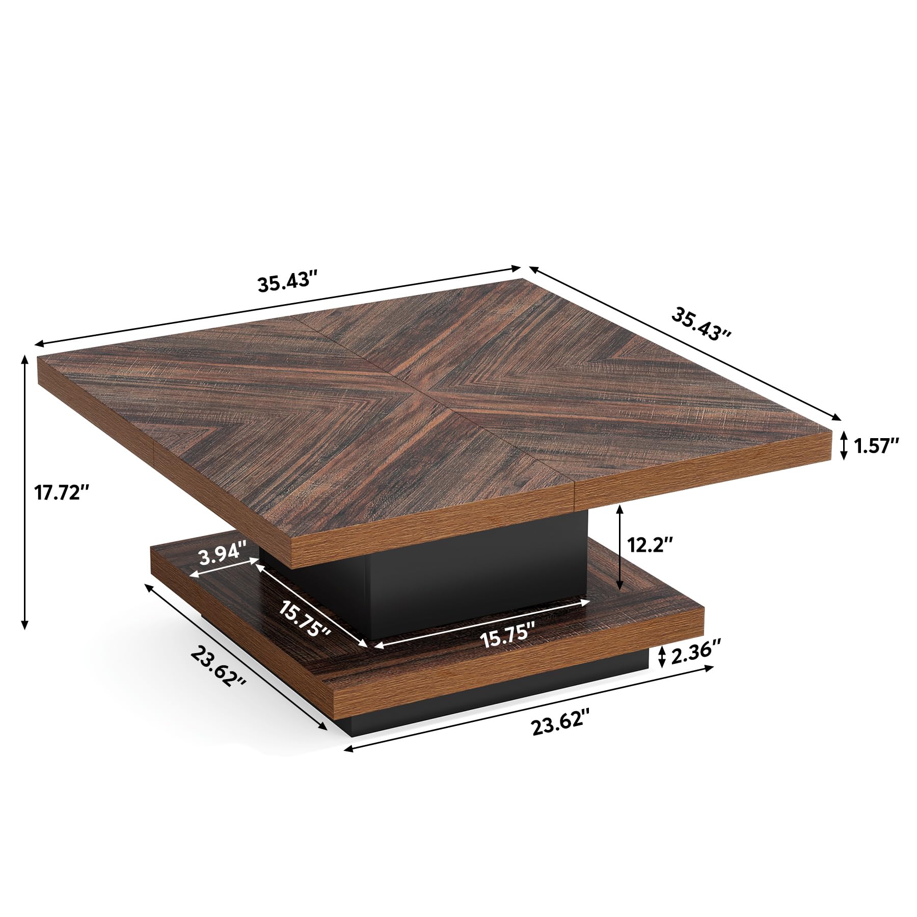 Square Coffee Table 2-Tier Vintage Coffee Table Wood Coffee Table