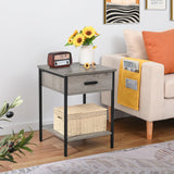 Gray Nightstand with Wood Drawer, Side Table with Storage Shelf, Bedroom