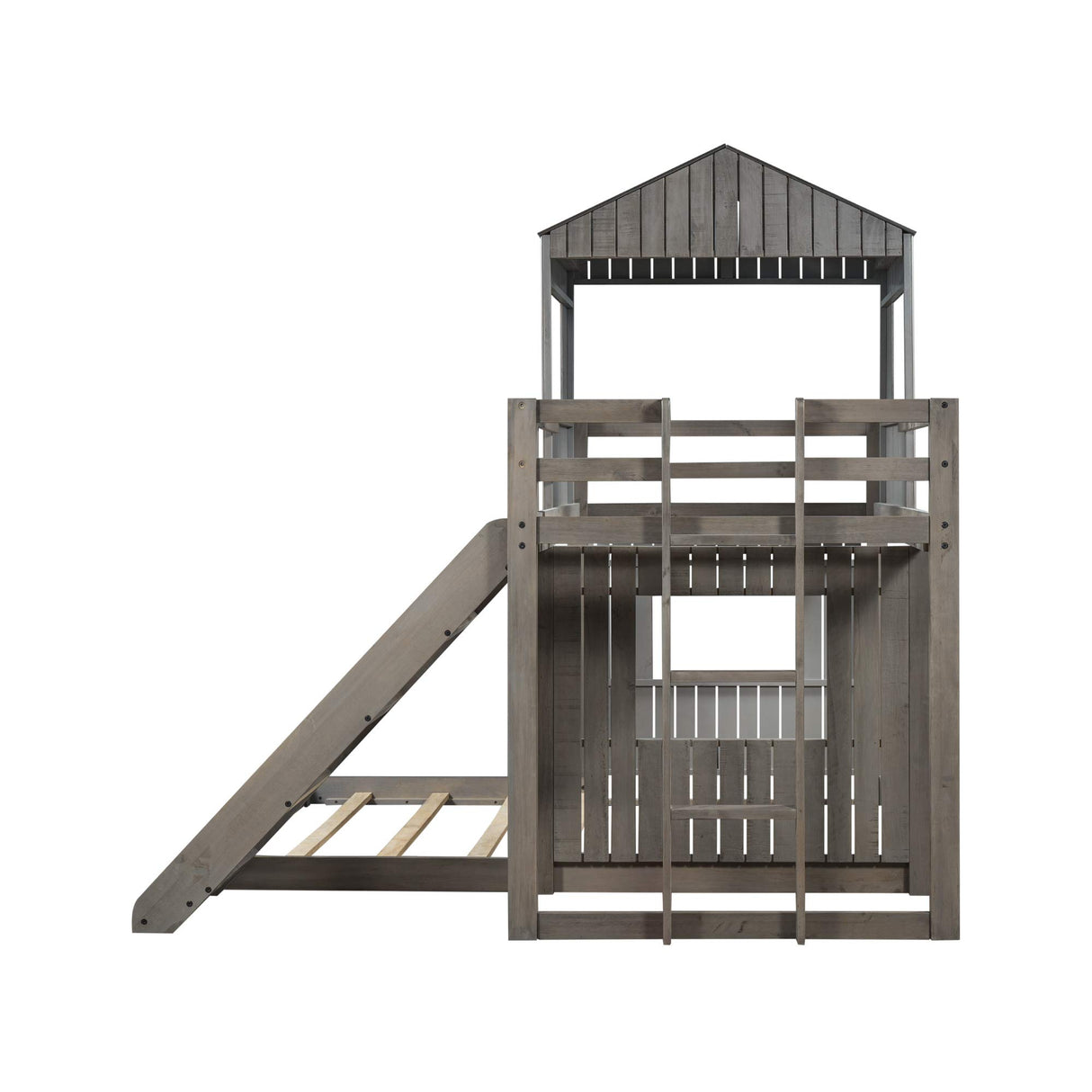 House Bunk Beds with Slide, Wood Twin Over Full Bunk Beds with Roof and Guard Rail