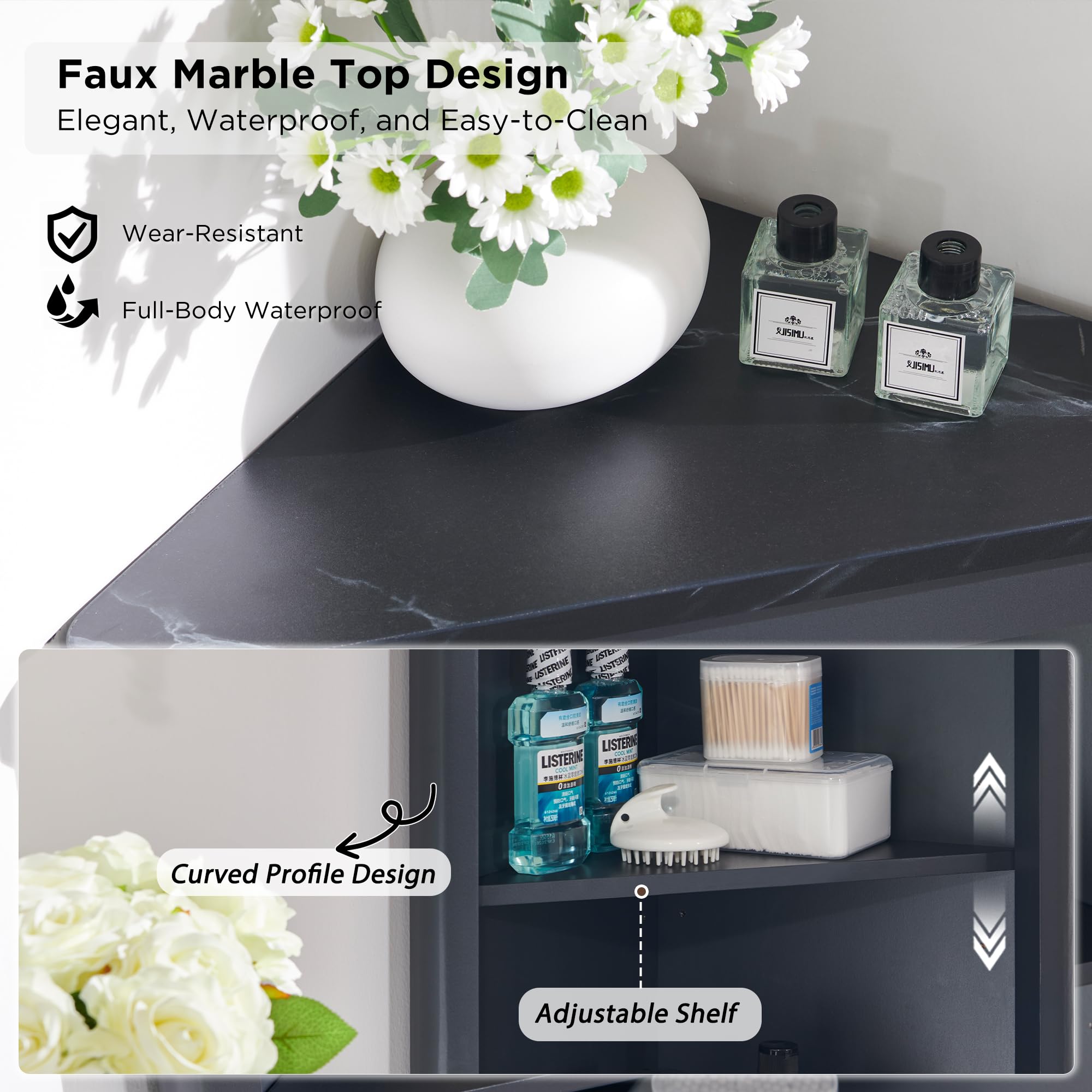 68" Tall Corner Cabinet, Modern Fluted Storage Cabinet with Faux Marble Top & Adjustable