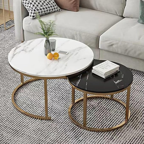 Round Coffee Table Set of 2 with Wood Top for Living Room, Modern Nesting Center