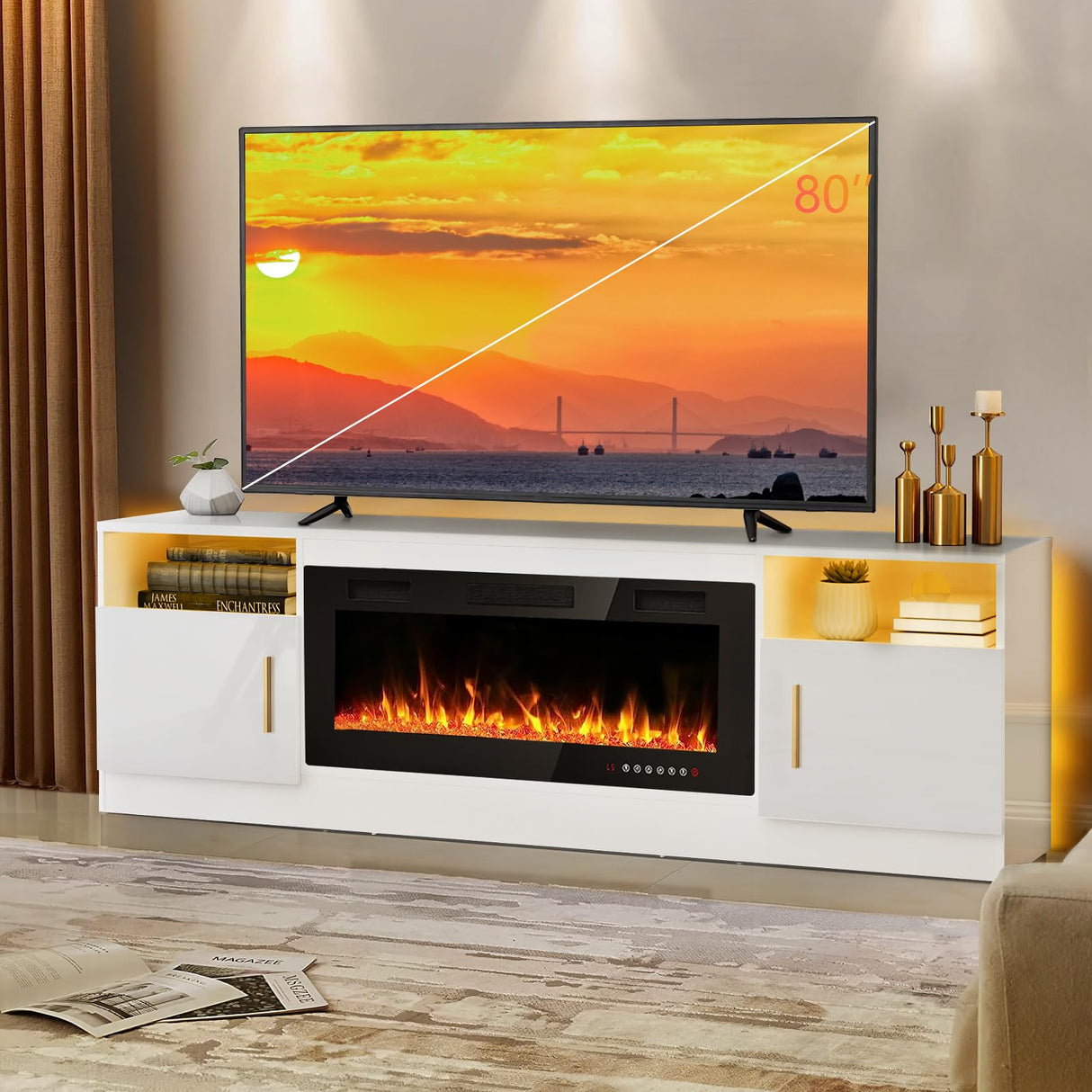 Fireplace tv Stand with 36 inch Fireplace Up to 80" TVs,LED Light Entertainment Center