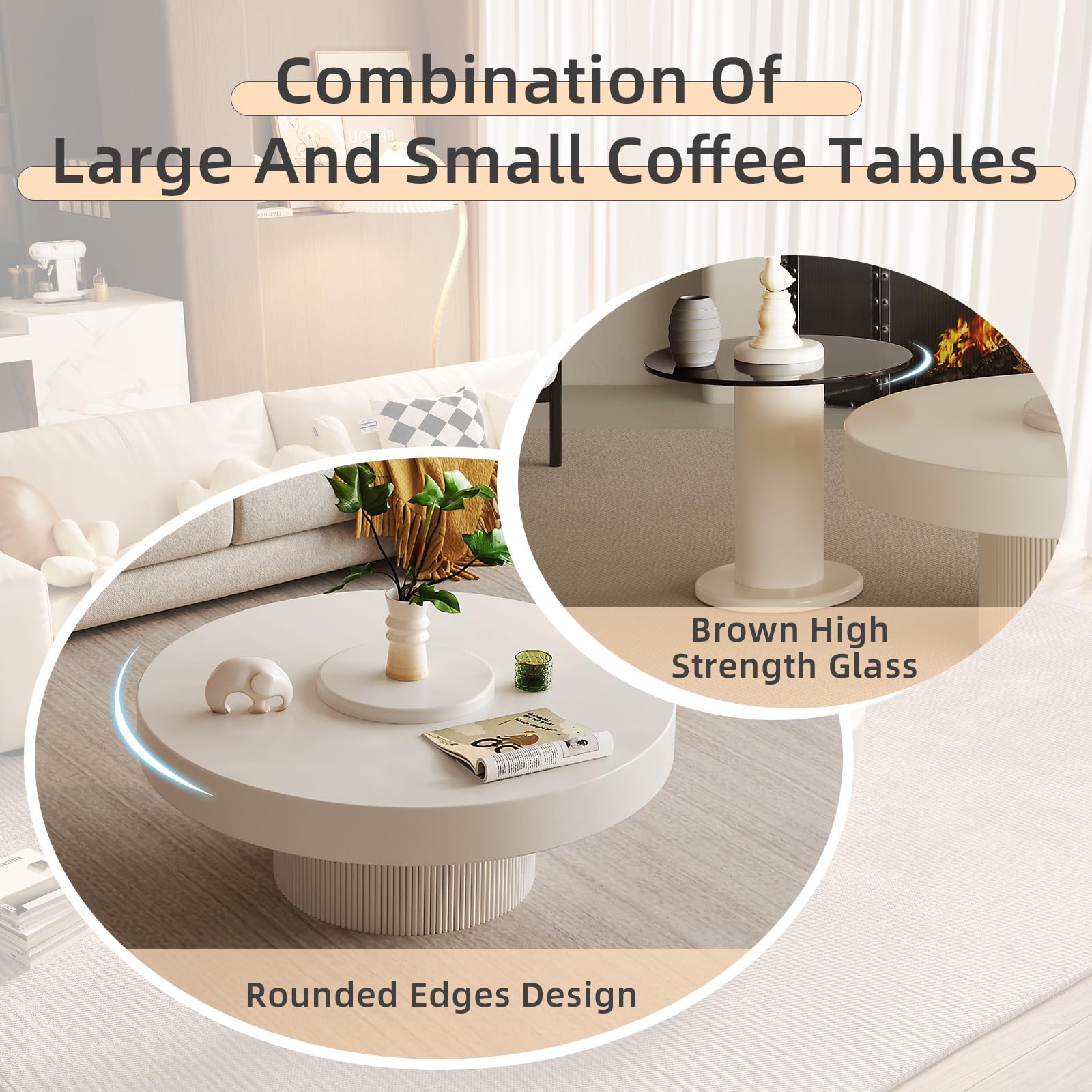 Round Nested Coffee Table Set, Creamy White Coffee Table and Tempered Glass Side Table Set, 2 in 1 Modern Nesting Coffee Table,