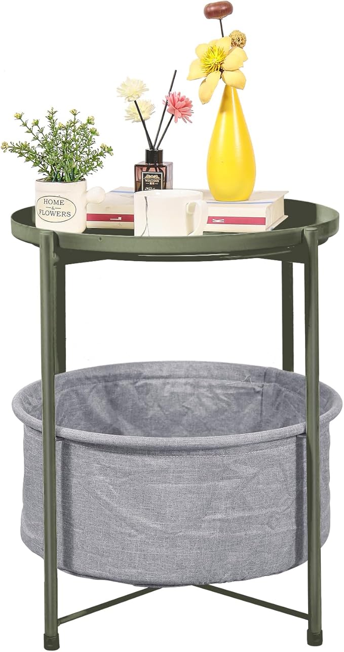 Table with Fabric Storage Basket, Sofa Table with Metal Frame, End Tables with Removable Tray