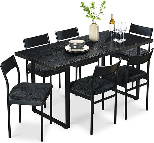 7-Piece Modern Dining Set - Metal Table & 6 Upholstered Chairs