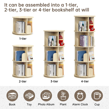 Rotating Bookshelf - Solid Wood Rotating Bookshelf Tower with 4 Drawers