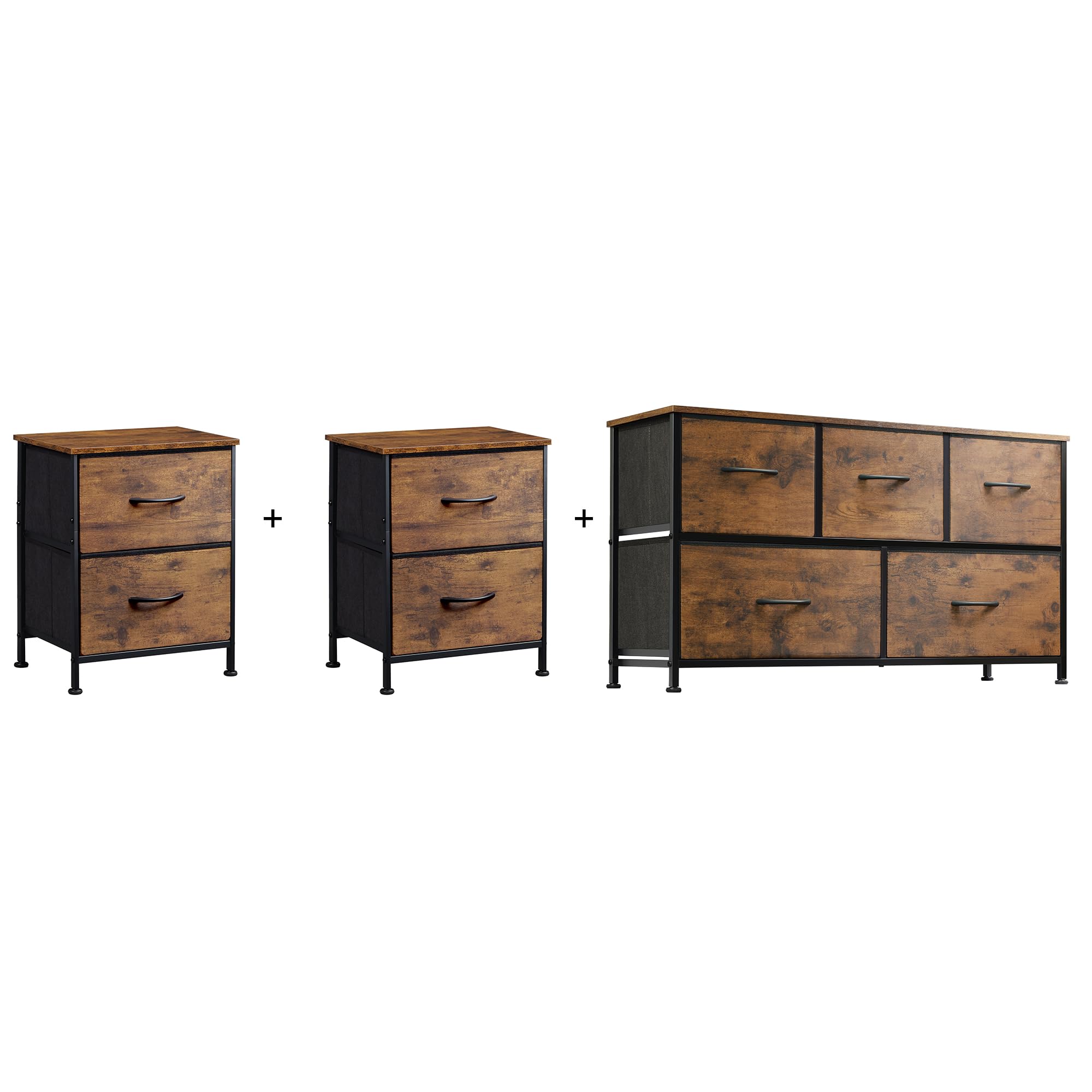 WLIVE 2-Drawer Nightstand and 5-Drawer Dresser Set, Fabric Storage Tower for Bedroom, Hallway, Closets, Tall Chest Organizer Unit with Textured Print Fabric Bins, Steel Frame, Wood Grain Print
