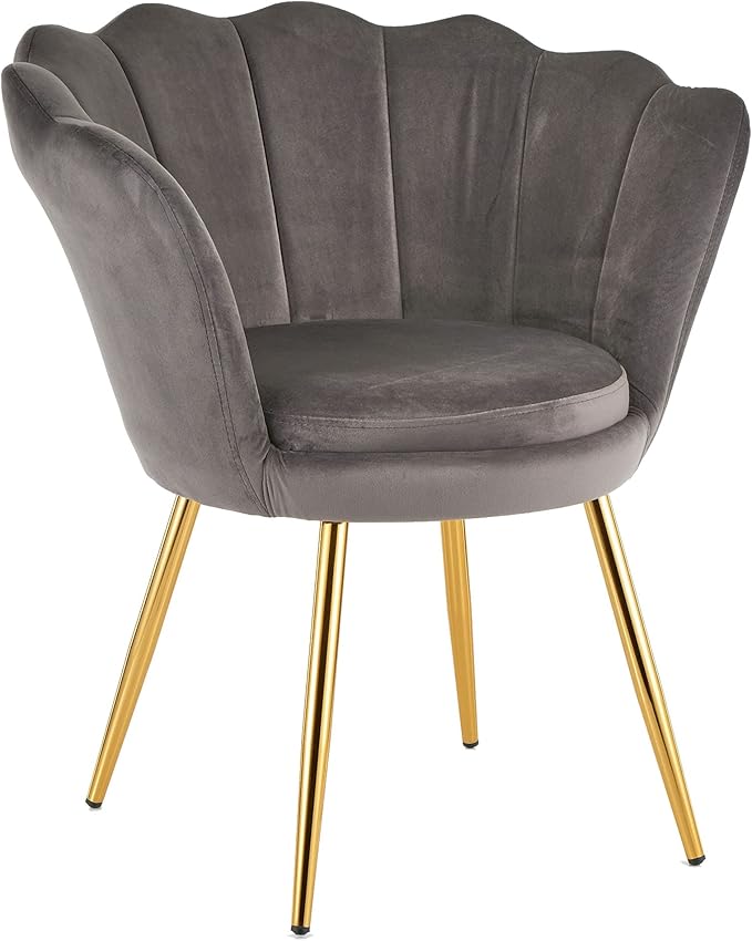 Velvet Upholstered Accent Chair with Shell Backrest and Gold Legs, Living Room and Bedroom Armchair, Relax Chair (Grey)