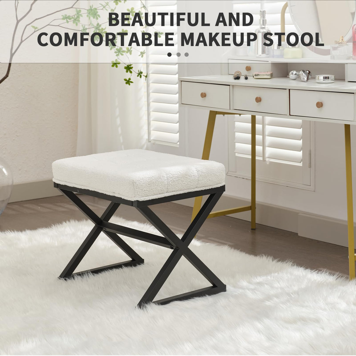 Modern Upholstered Tufted Stool, Lambswool Foot Rest Ottoman with Metal X Leg