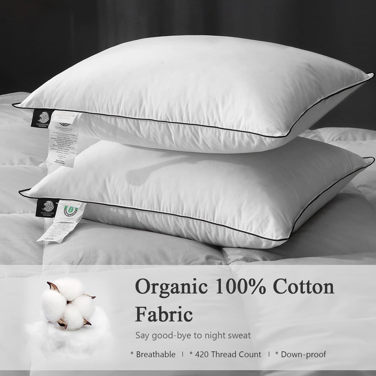 Goose Feather Down Pillow for Sleeping 2 Pack, King Size Organic Cotton Hotel-Style Bed