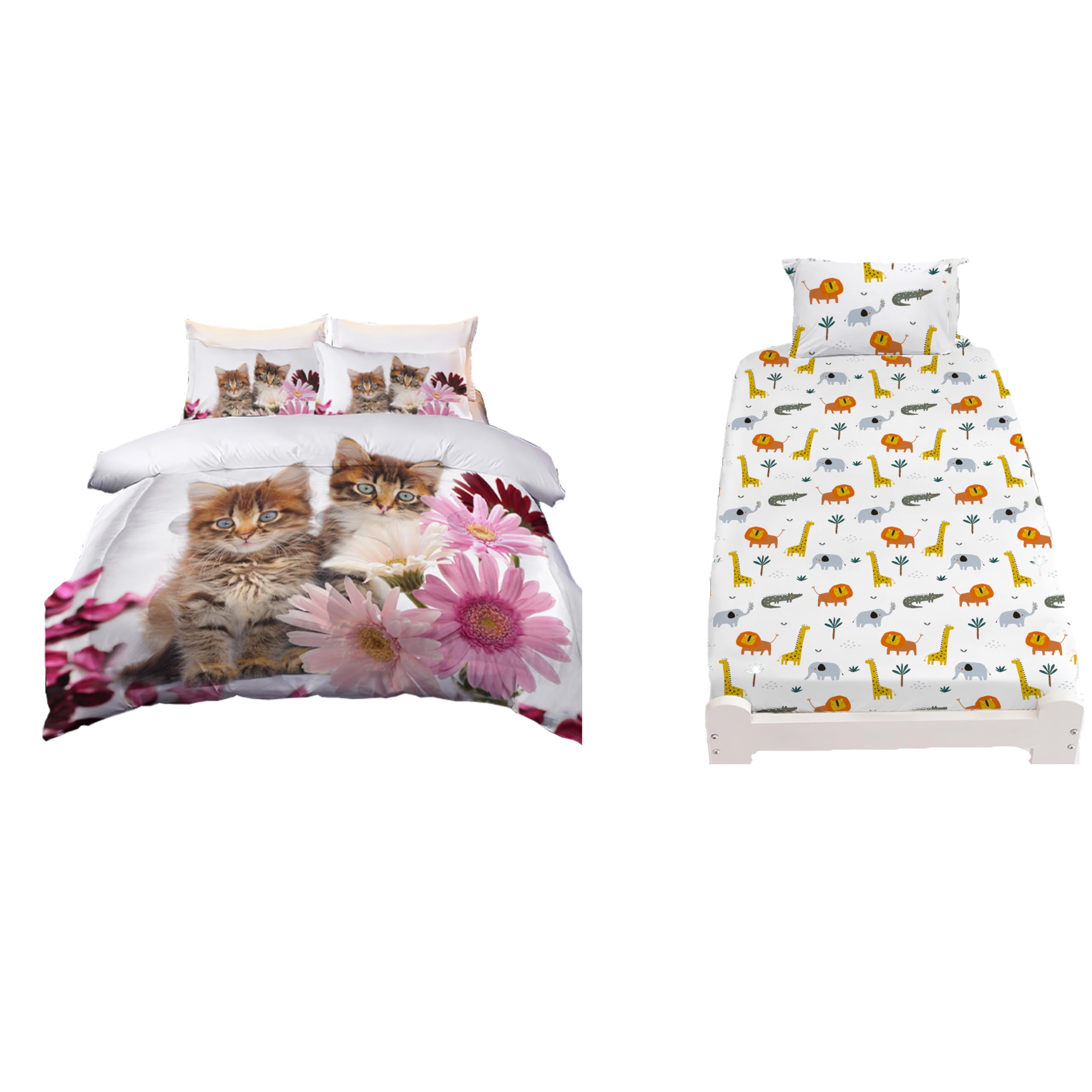 5Pcs Twin Size Cat Comforter Set + Forest Animal Fitted Sheet (1Cat Comforter