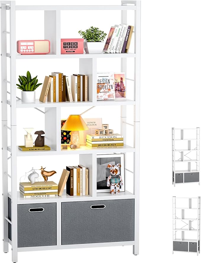 Tall Bookshelf, 6 Tier Bookcase with Drawers, Modern Book Shelf Display Standing Shelf